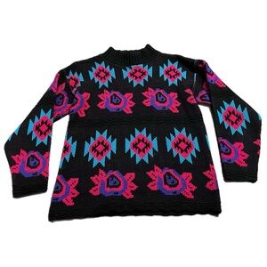 80s Vintage Croquet Club Southwest Knit Sweater | Chunky Graphic Pullover M/L
